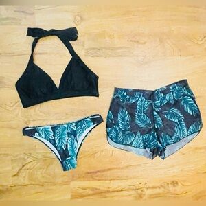 SHEIN Black and Green Leaf Print Bikini Set with Cover-up Shorts